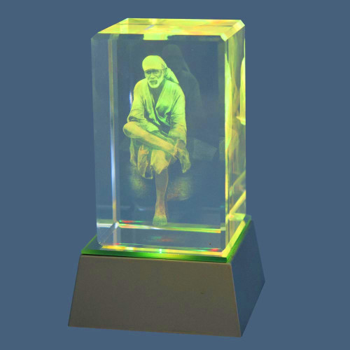 3D Crystal - Shri Sai  Sitting on Stone - With LED light base