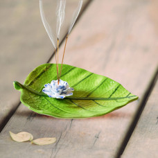 Ceramic leaf Incense holder plate with white lotus flower