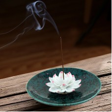 Ceramic handmade Lotus Incense Burner  - Dark Persian green ceramic base