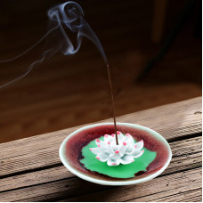 Ceramic handmade Lotus Incense Burner - Rich maroon base centered in green colour