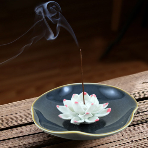 Ceramic handmade Lotus Incense Burner -  Feldgrau green base