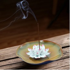 Ceramic handmade Lotus Incense Burner -  Wood brown and leaf green base with brown edges