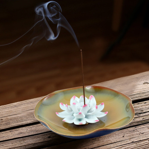 Ceramic handmade Lotus Incense Burner -  Wood brown and leaf green base with brown edges