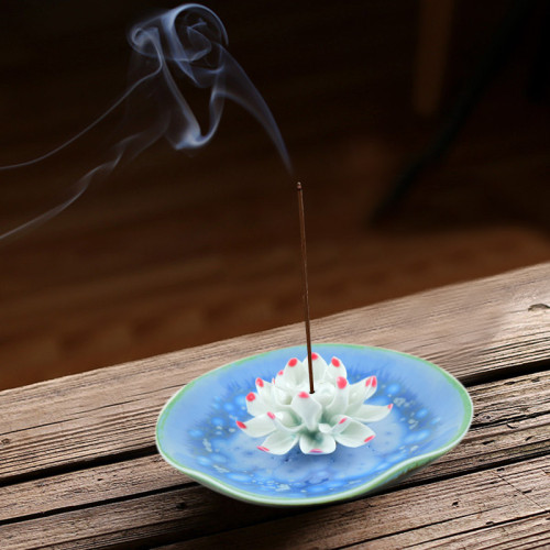 Ceramic  handmade Lotus Incense Burner - Ink blue ceramic base with royal blue hues 