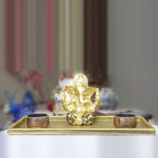 Shri Ganesha - wooden platter with two T-light holders