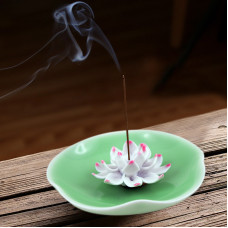 Ceramic handmade Lotus Incense Burner ; Leaf green ceramic base